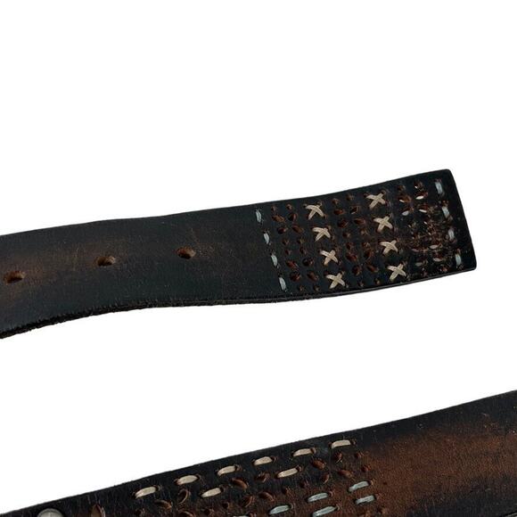 BKE Buckle Embroidered Brown Leather Studded Belt w/ Buckle Laser Cut Outs sz L - Picture 8 of 16
